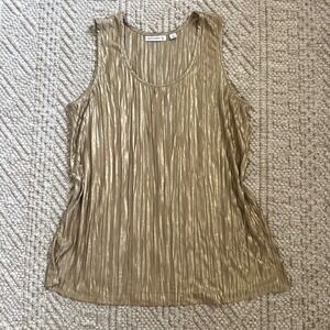 Susan Graver Gold Metallic Plisse Pleated Tank Top Sleeveless Scoop Neck Medium